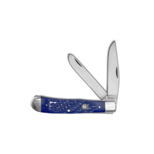 open cattleman trapper jigged delrin knives in blue